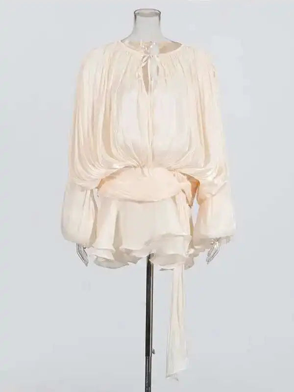 Women's V-Neck Mini Dress with Long Sleeves - A-Line Blouse Dress