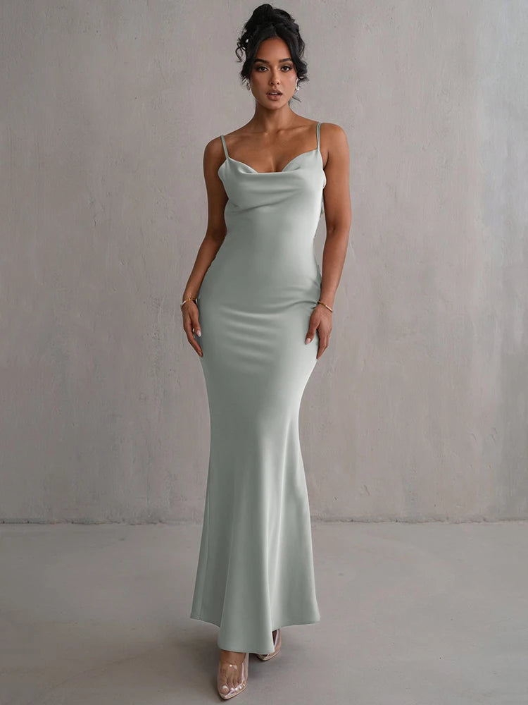 Mozision Floral Draped Backless Maxi Dress - Elegant Spaghetti Strap Evening Gown