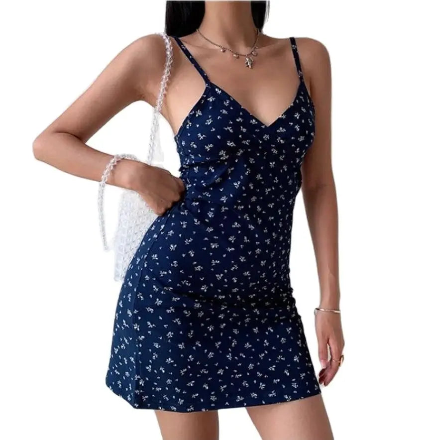 Women's Floral V-Neck Cami Dress - Sleeveless Mini Dress
