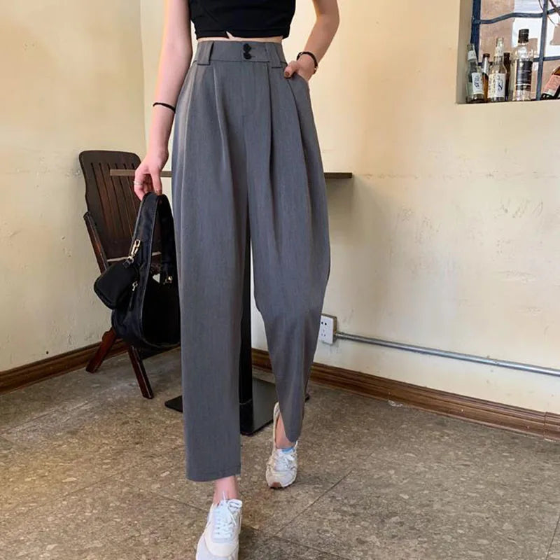 Women's High-Waisted Straight Leg Pants - Casual Office Wear