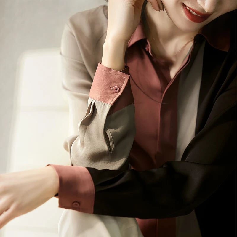 Satin Button Blouse - Vintage Long Sleeve Polo Collar Shirt