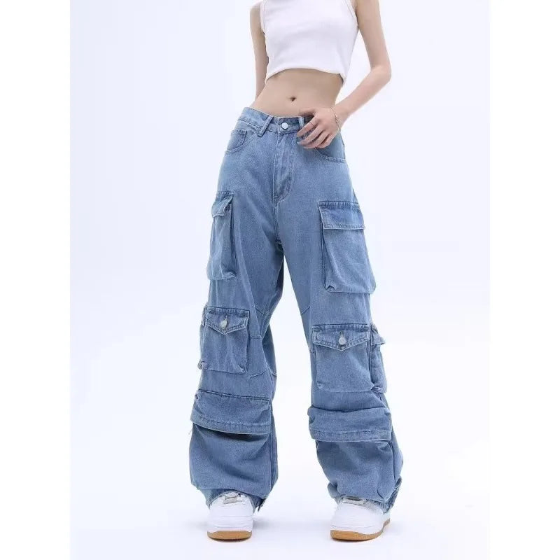 Cargo Jeans - Multi-Pocket Wide Leg Denim Pants