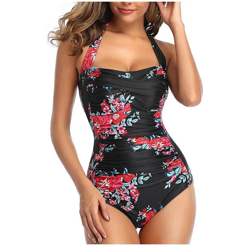 Slim Fit One-Piece Swimsuit - Push-Up Floral Print Monokini
