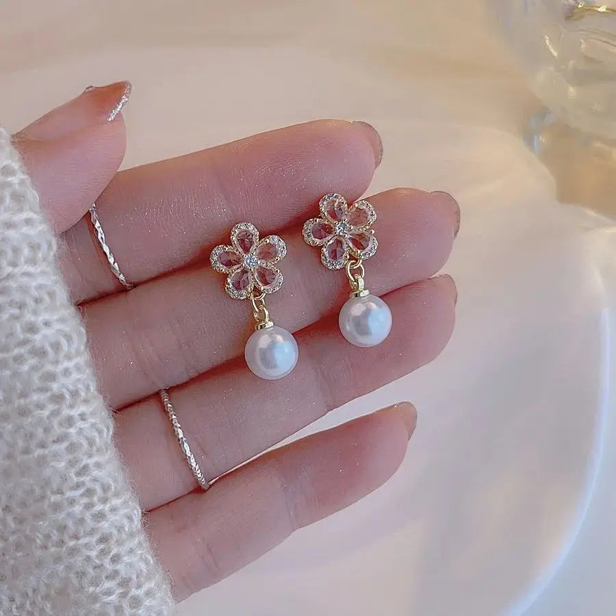 Rhinestone Flower Stud Earrings with Pearl & Crystal Accents