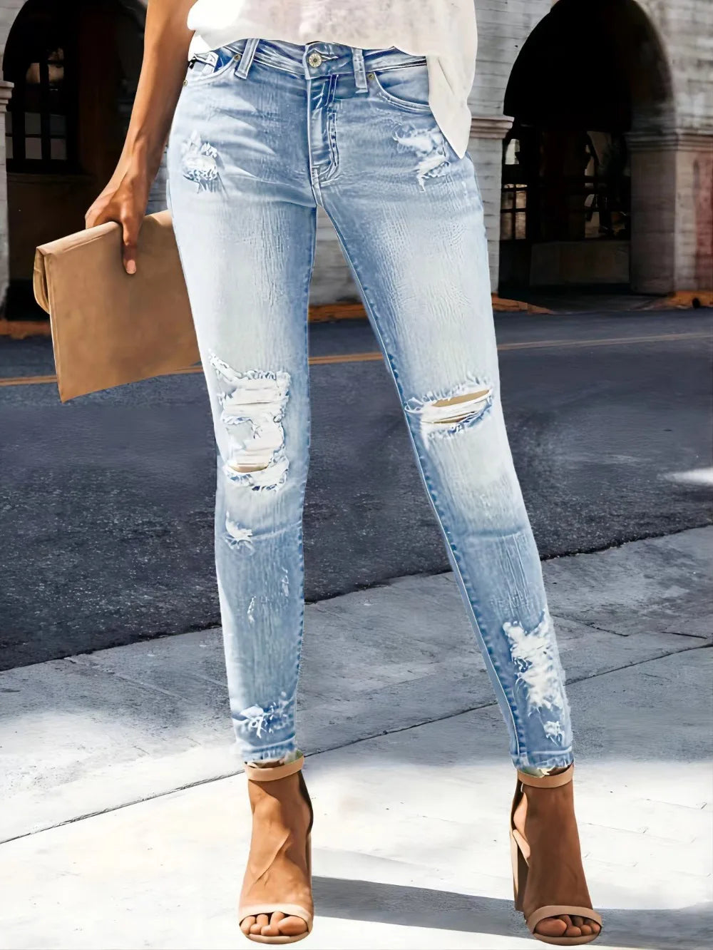 Women's Distressed Straight Leg Jeans - High Stretch Denim