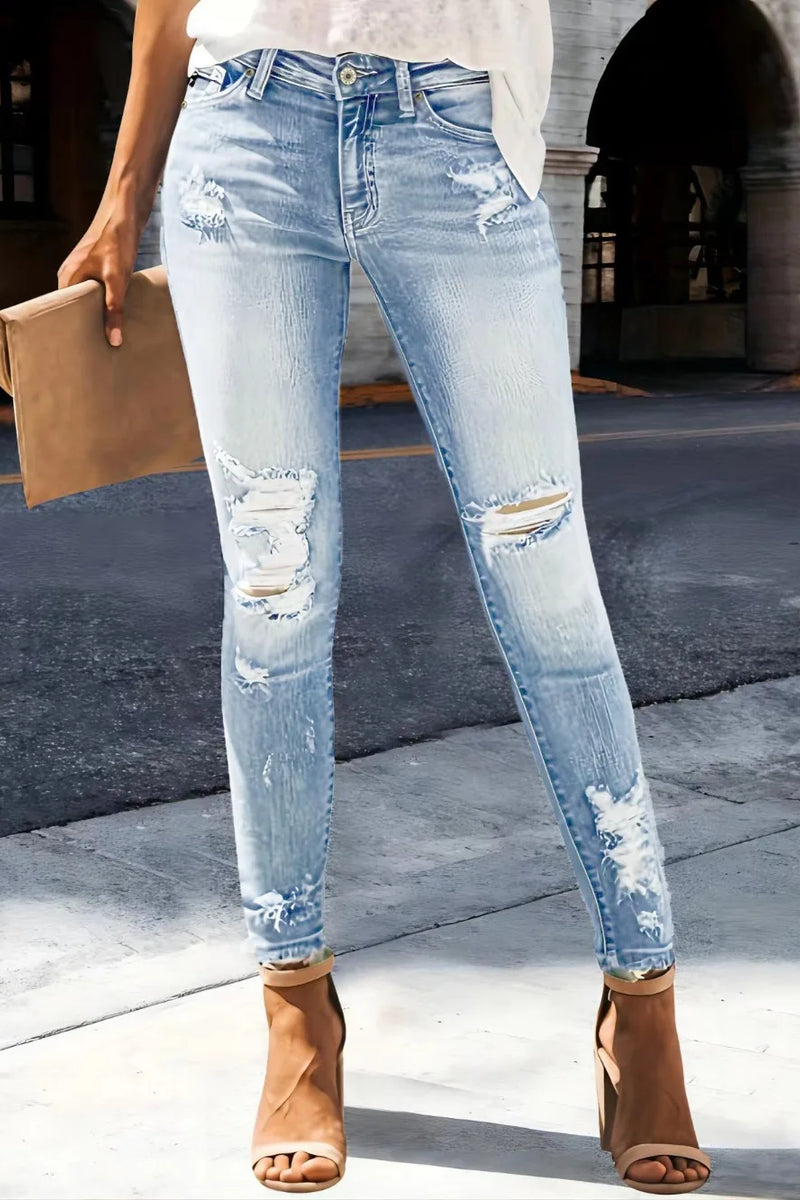Women's Distressed Straight Leg Jeans - High Stretch Denim