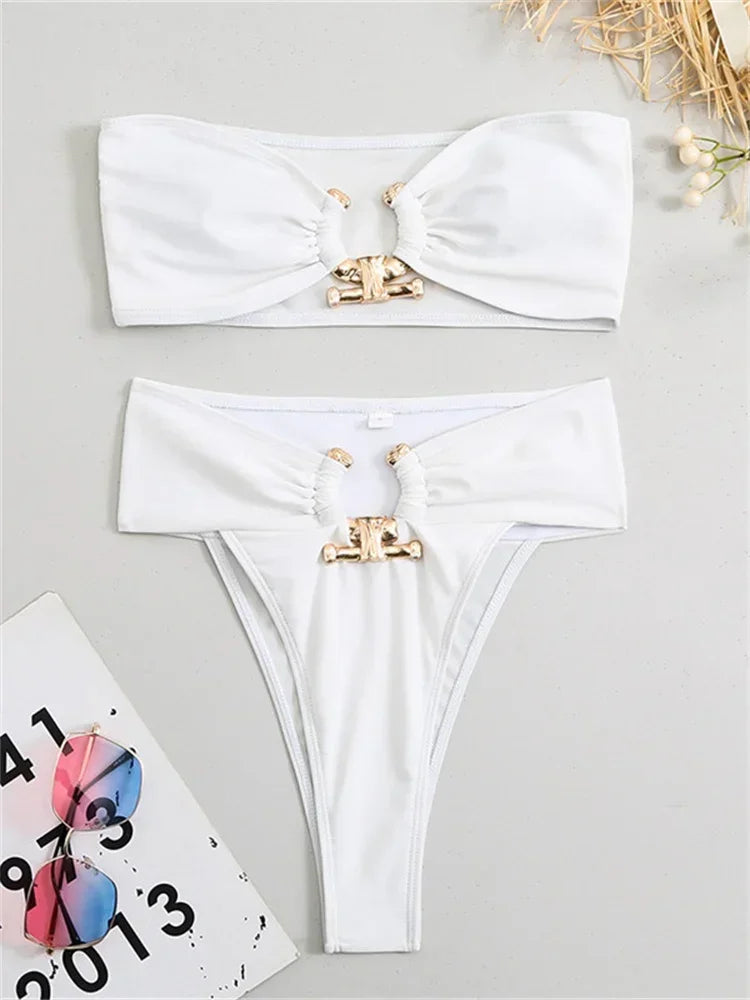 Luxury Metal Designer Bikini Set - High Waist Bandeau Swimsuit
