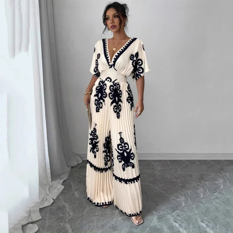 Women's Printed Wide Leg Jumpsuit - V-Neck Backless Design