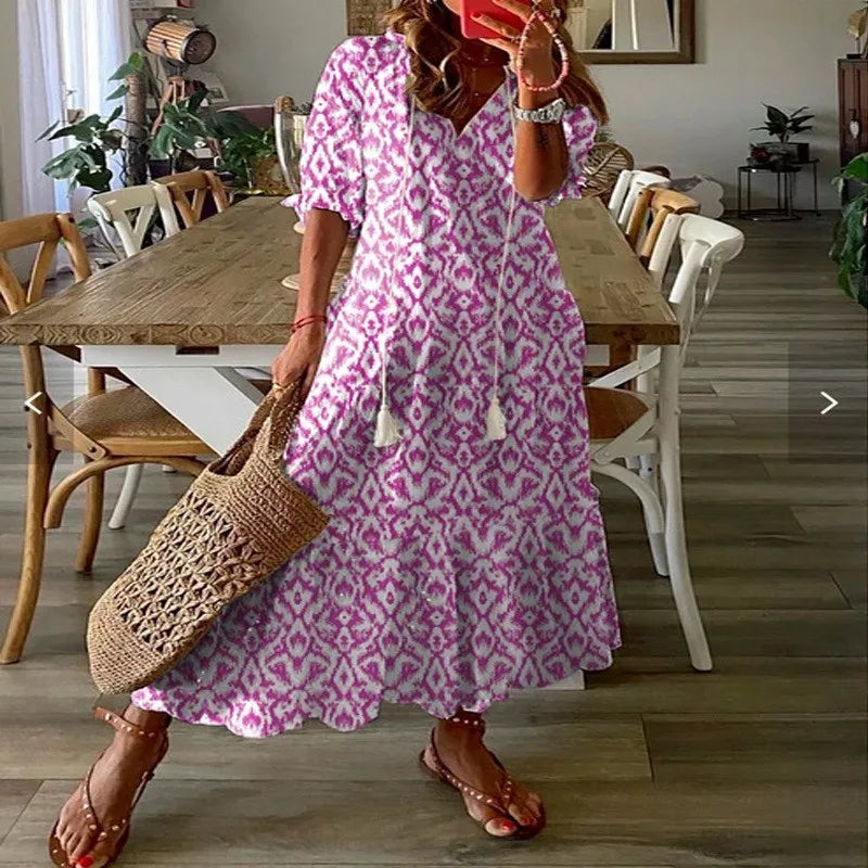 Women's Bohemian Floral Maxi Dress - V-Neck Half Sleeve Beach Dress