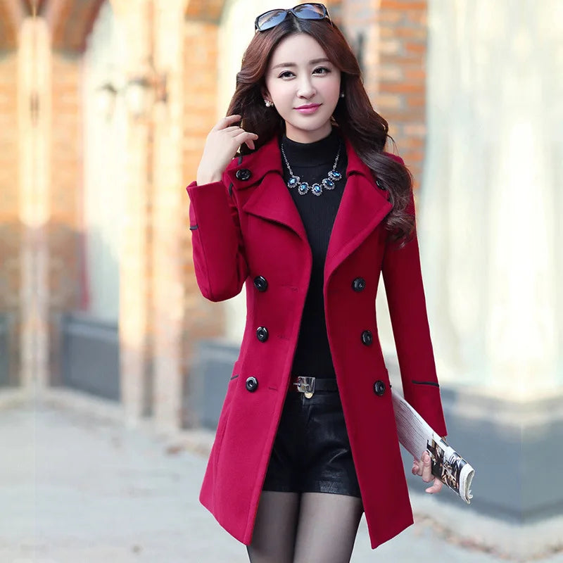 Women's Double-Breasted Wool Blend Long Coat with Belt