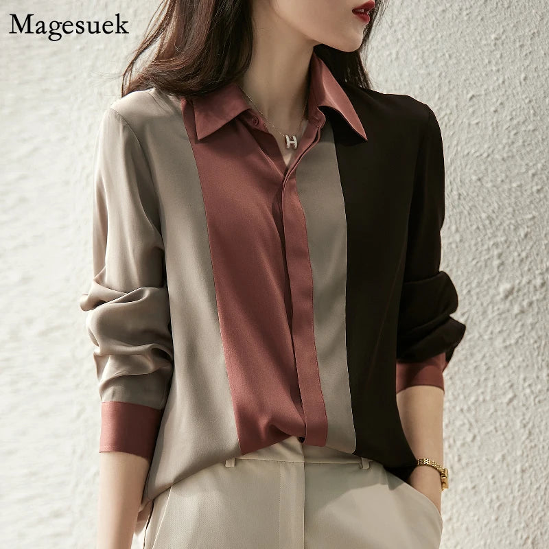 Satin Button Blouse - Vintage Long Sleeve Polo Collar Shirt