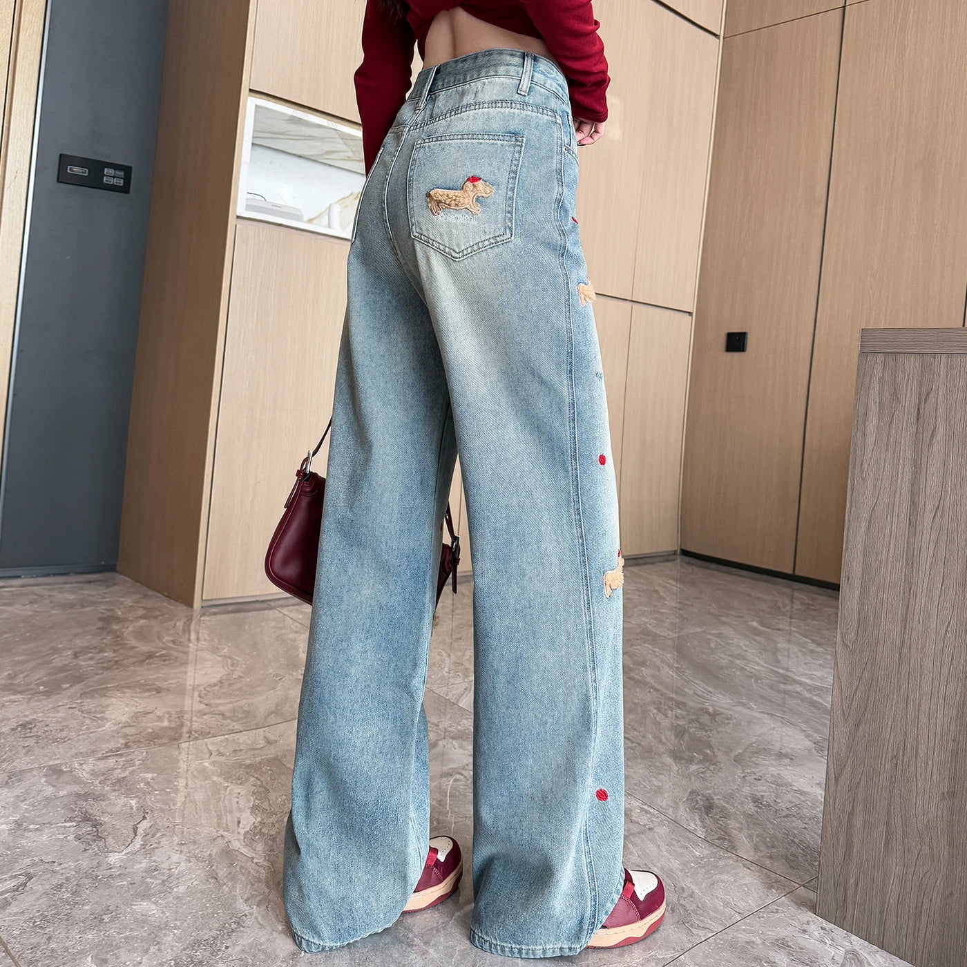 Women's Embroidered Denim Jeans - Korean Style Loose Fit
