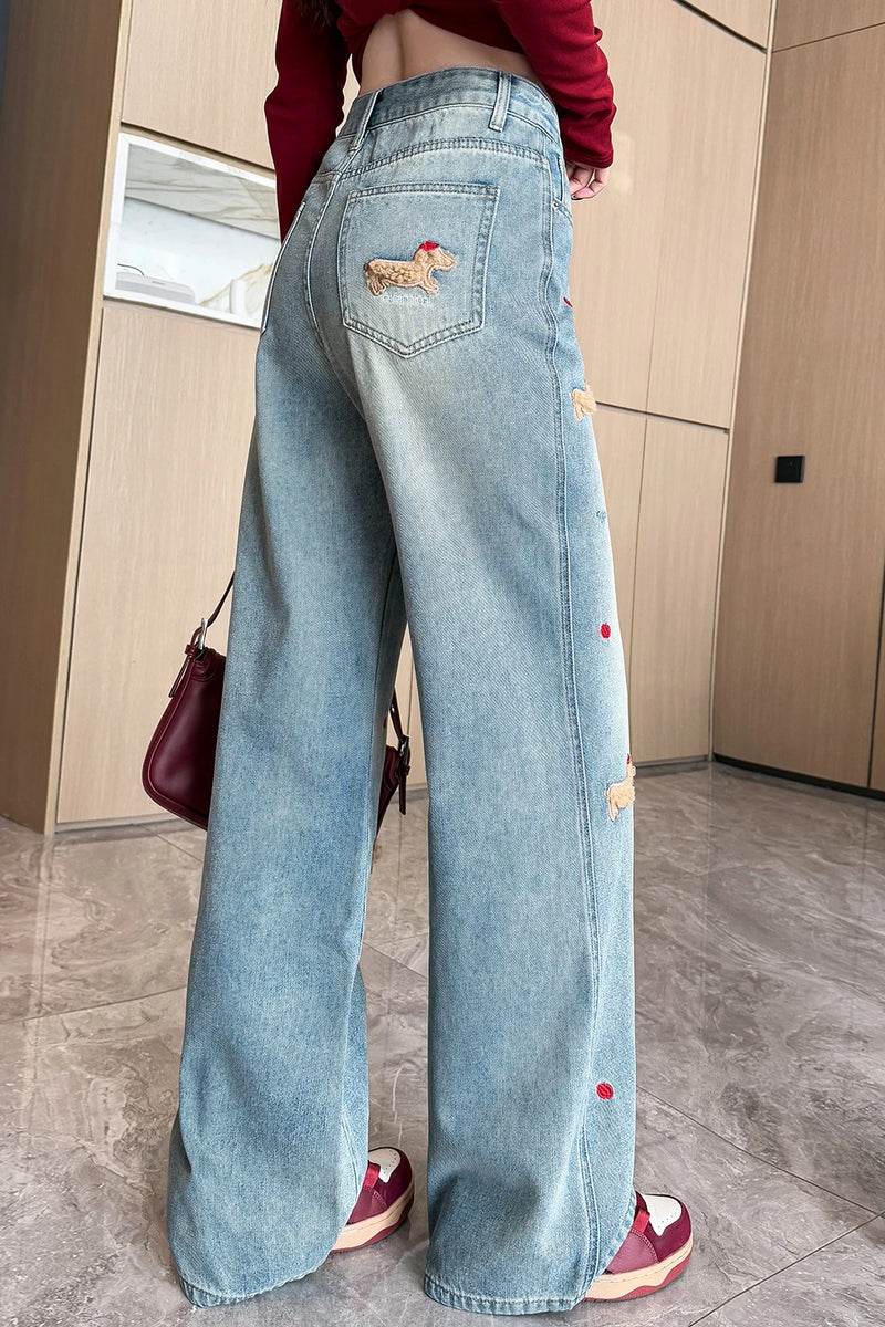 Women's Embroidered Denim Jeans - Korean Style Loose Fit