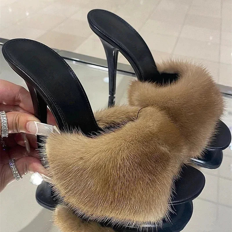 Women's Mink Fur High Heel Sandals - Slim Heel Party Shoes