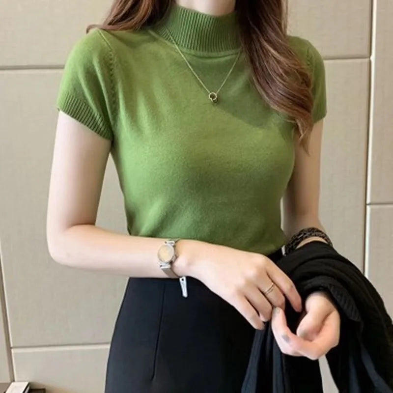 Half-High Neck T-Shirt - Korean Fashion Casual Jumper