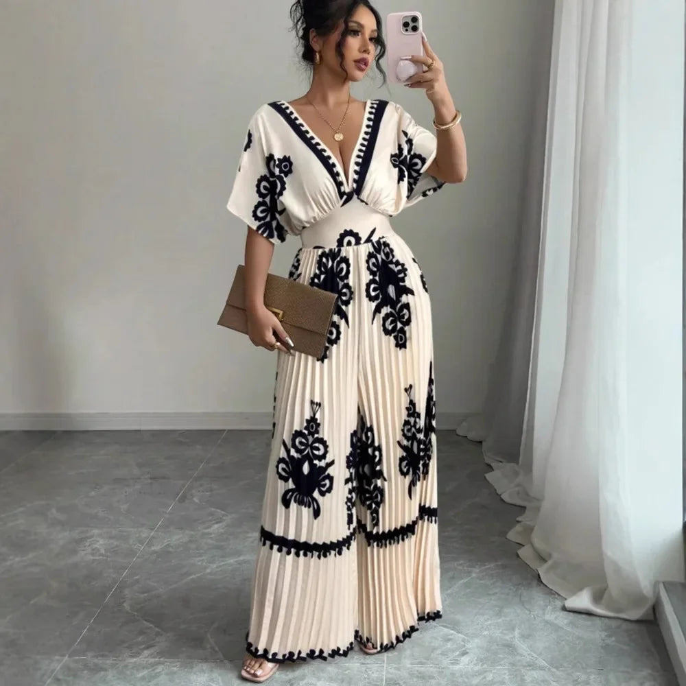 Women's Printed Wide Leg Jumpsuit - V-Neck Backless Design