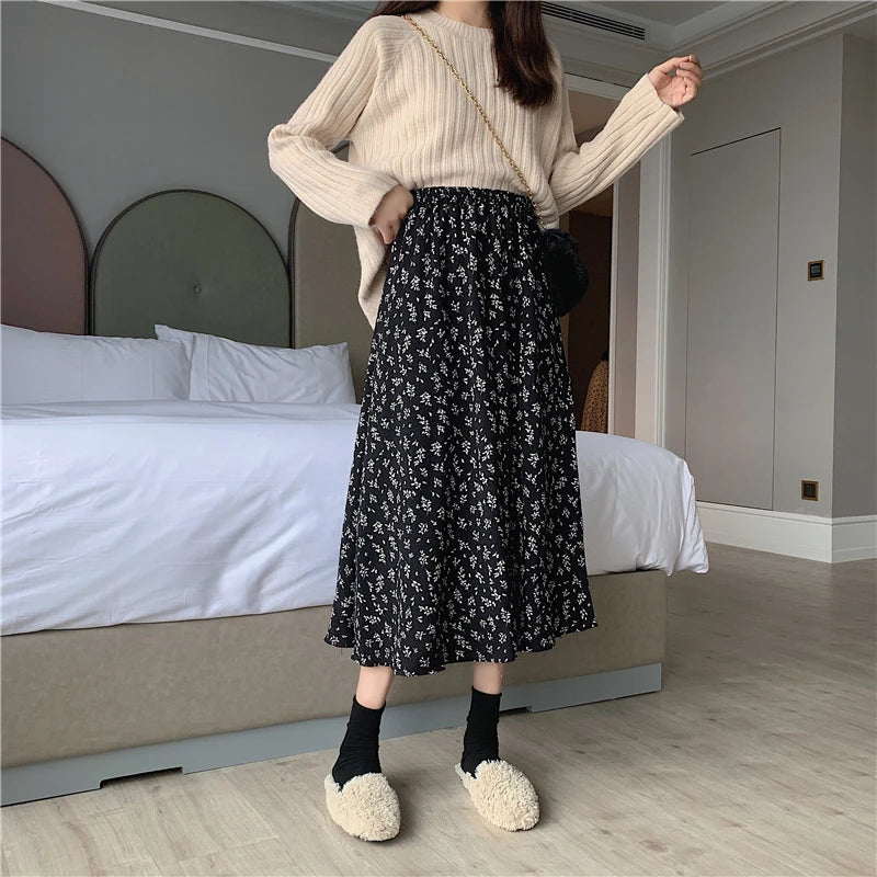 Women's Floral A-Line Midi Skirt with Elastic Waist