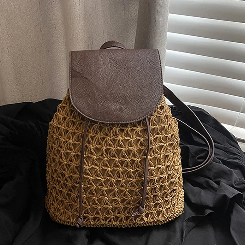 Bohemian Straw Backpack - Handwoven Summer Travel Bag