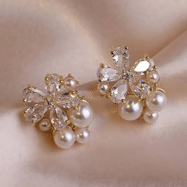 Rhinestone Flower Stud Earrings with Pearl & Crystal Accents