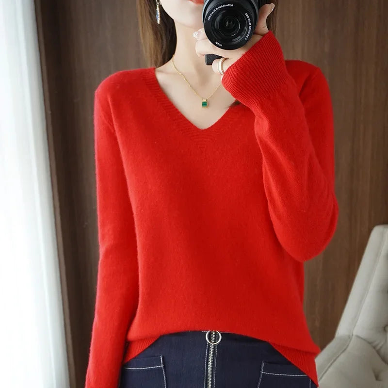 Casual V-Neck Sweater - Women's Solid Color Pullover
