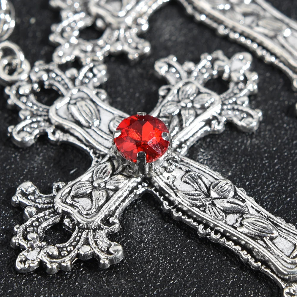 Punk Crystal Cross Pendant Necklace - Gothic Stainless Steel Choker