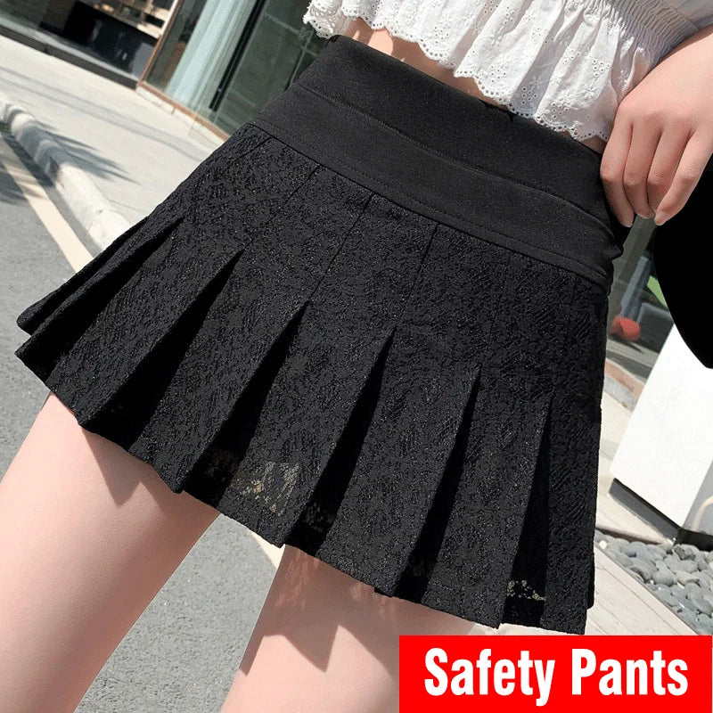 Women's High Waist Lace Pleated Mini Skirt