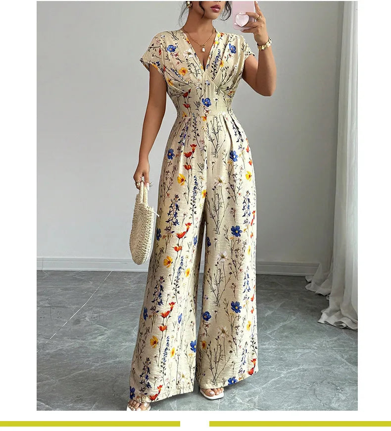 Women's Floral Print High Waist Jumpsuit - Short Sleeve Straight Leg