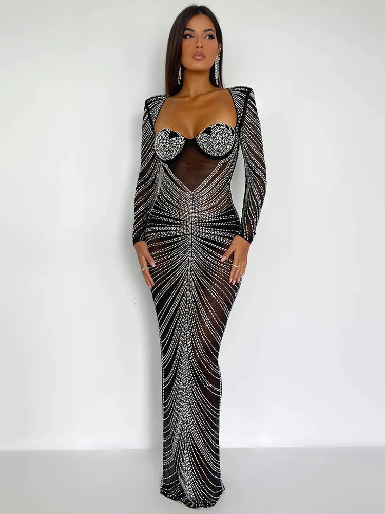 Mozision Glitter Mesh Evening Dress - Women's Full Sleeve Bodycon Maxi Dress