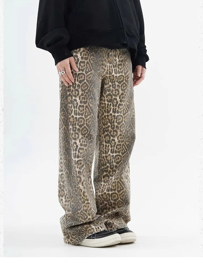 Women's High-Waist Leopard Print Wide Leg Jeans