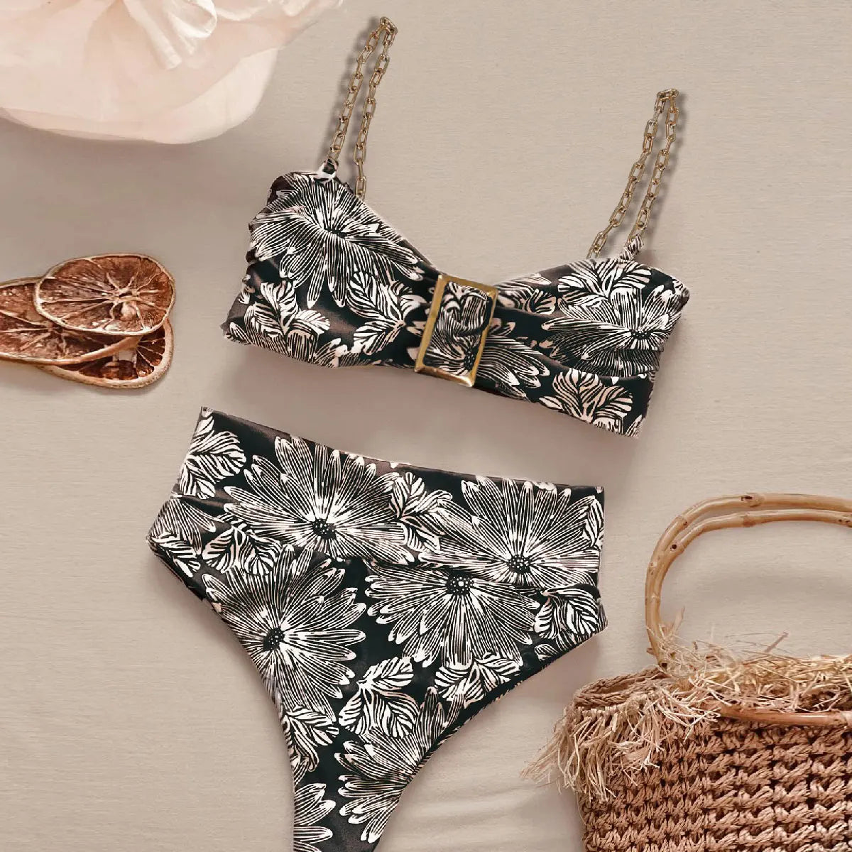 High Waist Ruffle Bikini Set - Women's Ribbed Swimsuit