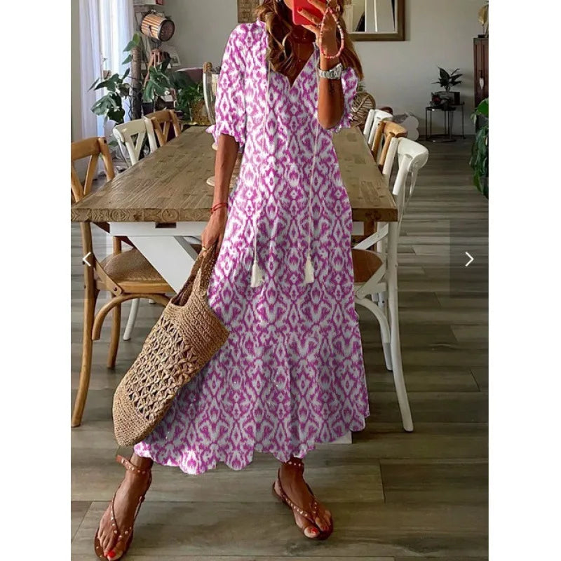 Women's Bohemian Floral Maxi Dress - V-Neck Half Sleeve Beach Dress