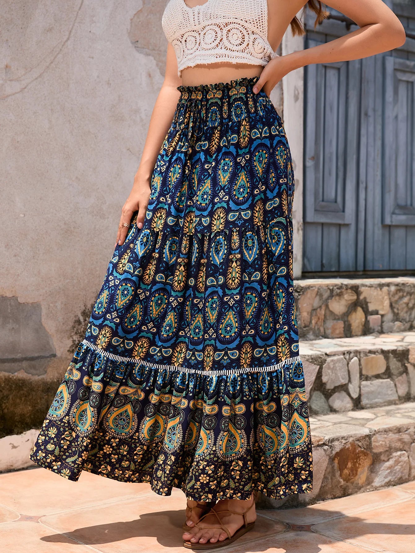 Women's Bohemian Floral Print A-Line Maxi Skirt