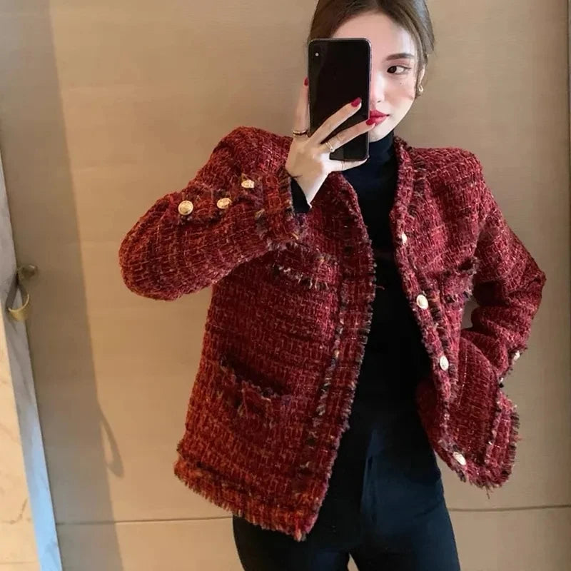 Women's Plaid Tweed Jacket - Short Thick Coat