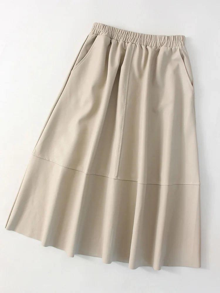 Women's Faux Leather Midi Skirt with Pockets - A-Line Elastic Waist