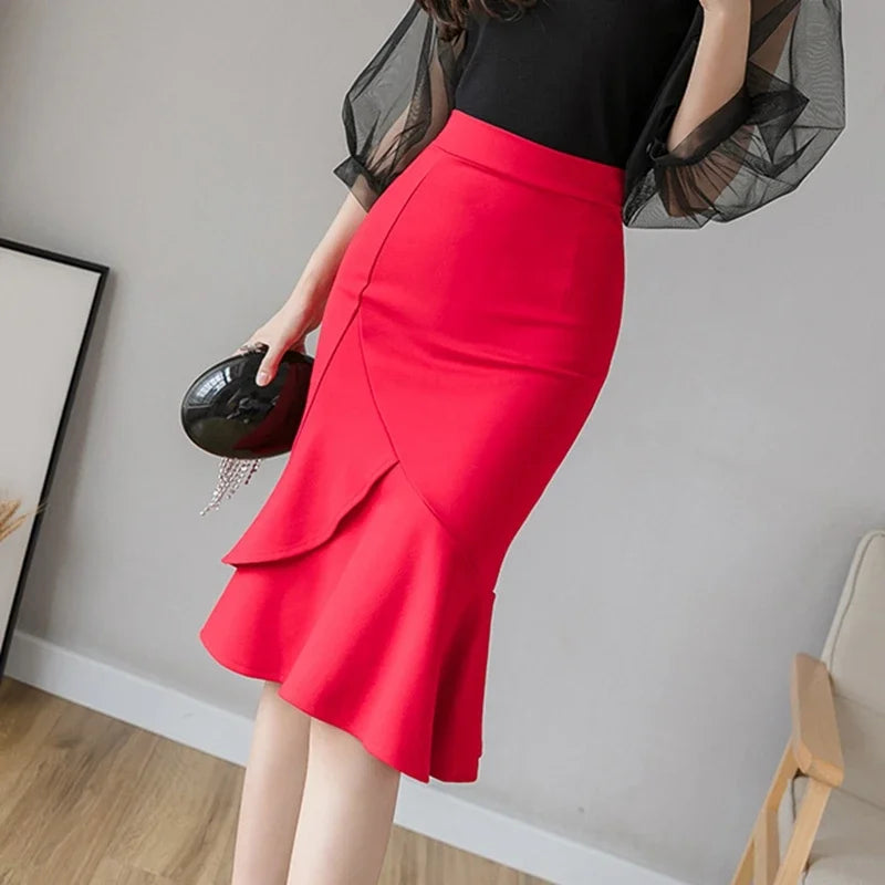 Women's High Waist Bodycon Skirt - Elegant Mid-Calf Length Office Wear
