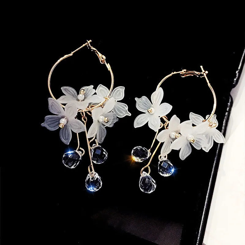 Korean Crystal Flower Drop Earrings - Elegant Tassel Earrings for Women