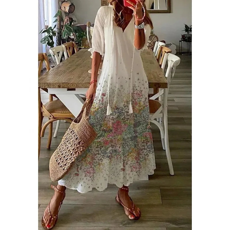 Women's Bohemian Floral Maxi Dress - V-Neck Half Sleeve Beach Dress
