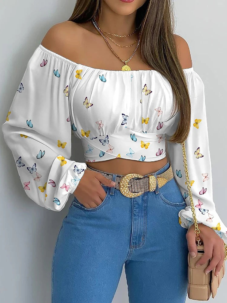Off-Shoulder Blouse - Lantern Sleeve Lace-Up Crop Top