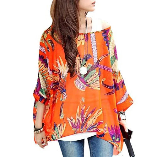 Women's Bohemian Chiffon Blouse - Plus Size Batwing Sleeve Summer Top