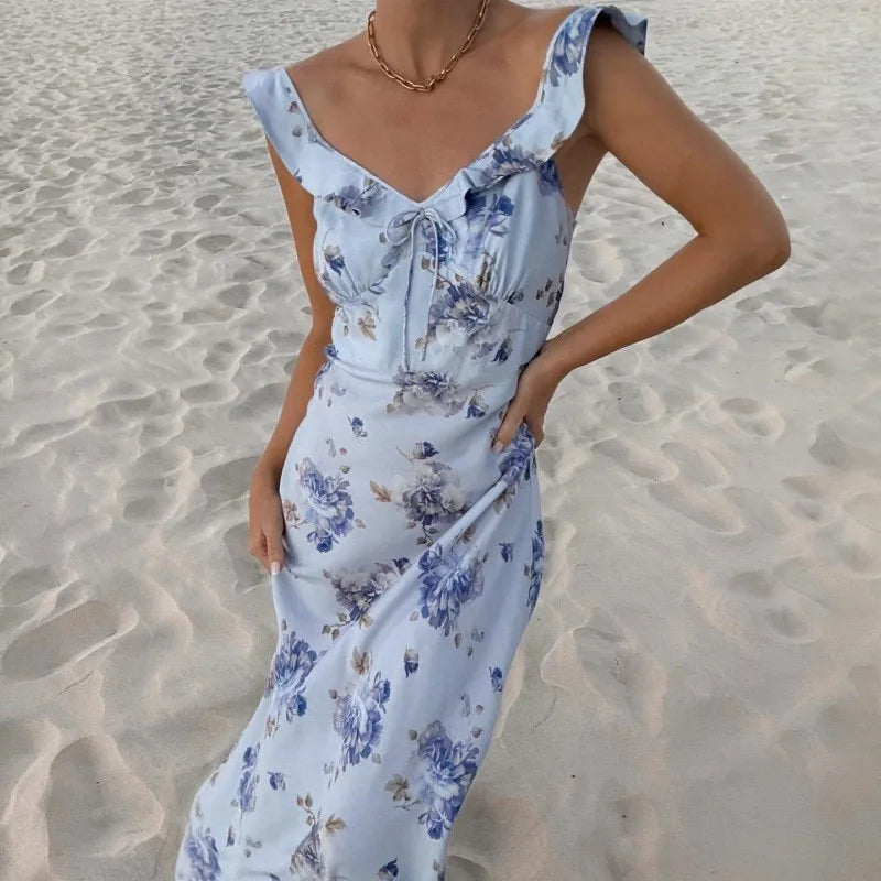 Women's Floral Print V-Neck Maxi Dress - Sleeveless Beach Vacation Dress
