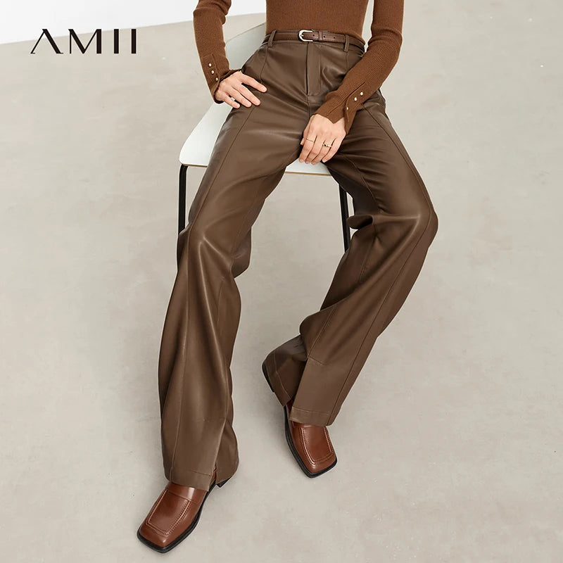 AMII Women's PU Leather Straight Leg Pants - Floor Length