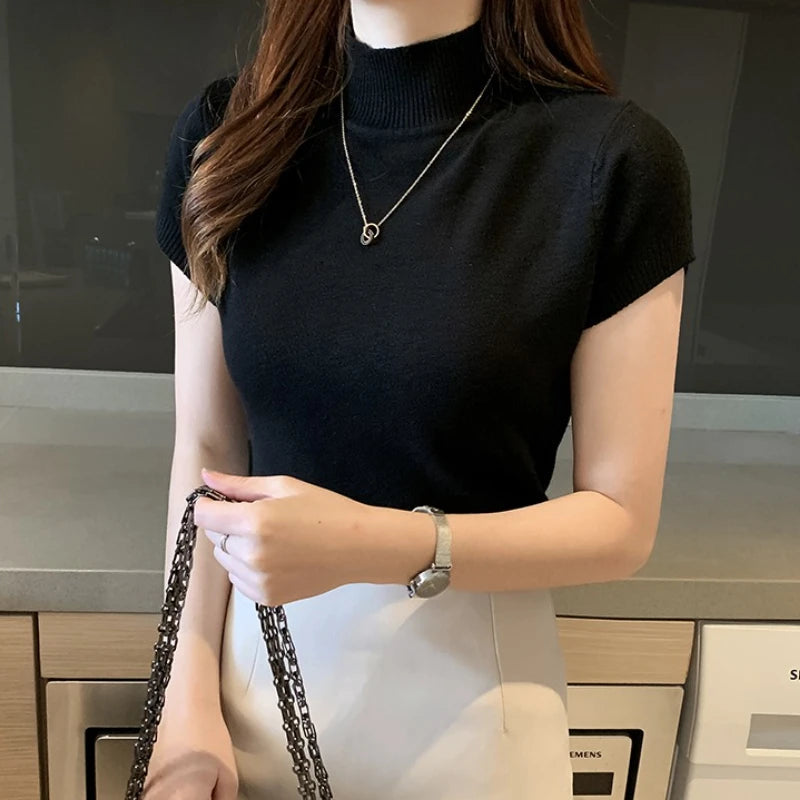 Half-High Neck T-Shirt - Korean Fashion Casual Jumper