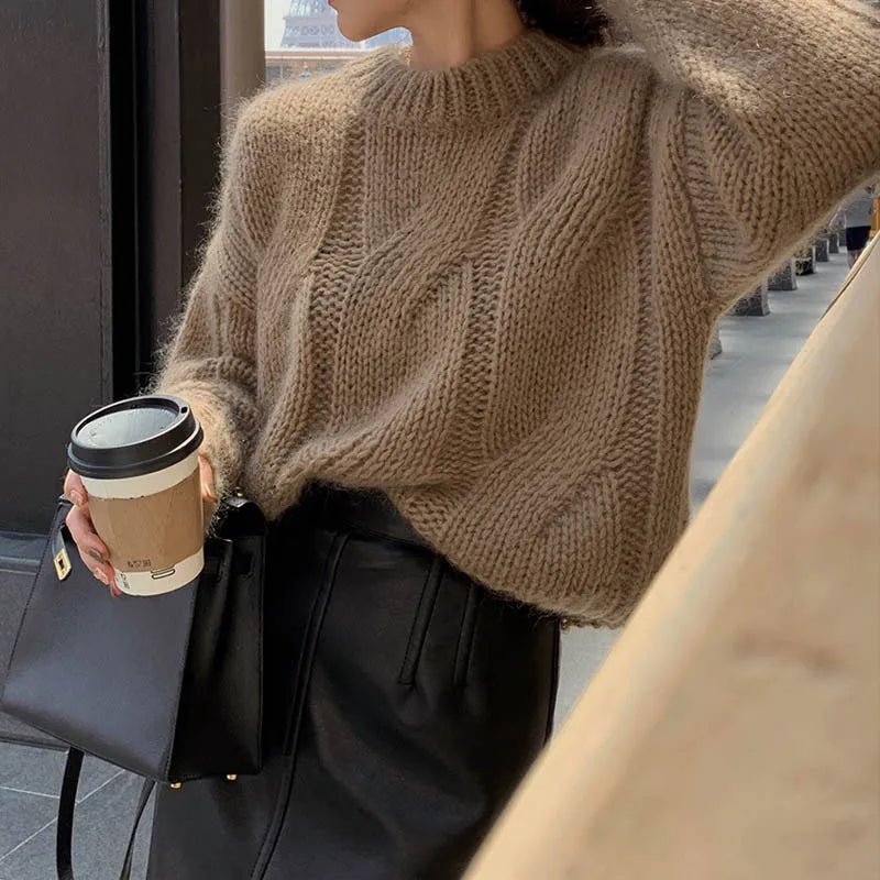 Coarse Yarn Knitted Sweater - Women's Vintage Twist Pullover