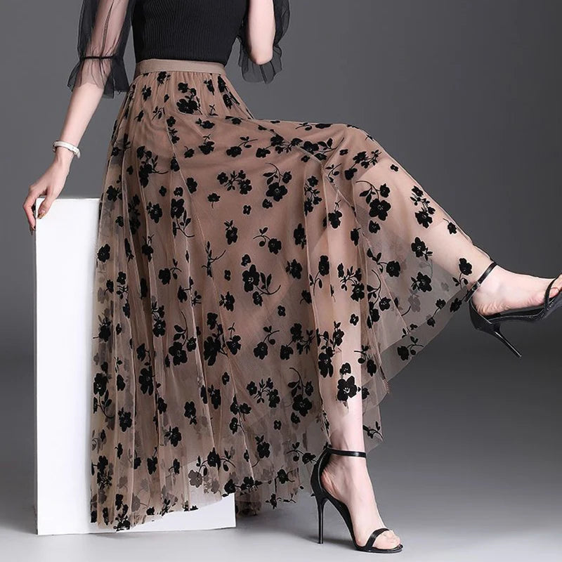 Korean Style Tulle Midi Skirt - Floral Mesh Fashion Skirt