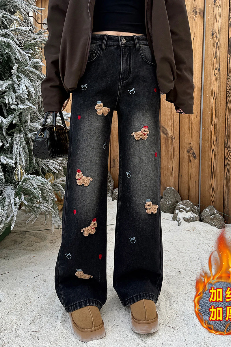 Women's Embroidered Denim Jeans - Korean Style Loose Fit