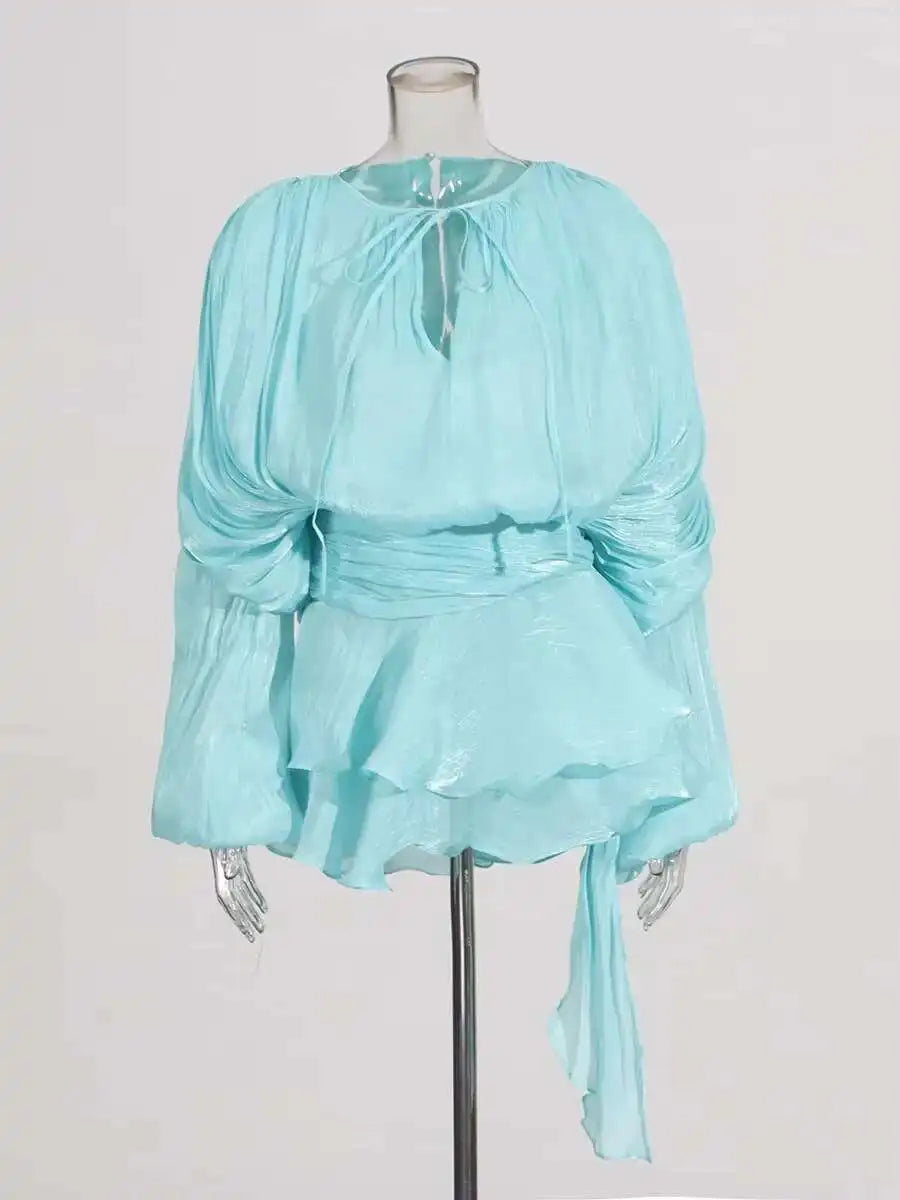 Women's V-Neck Mini Dress with Long Sleeves - A-Line Blouse Dress