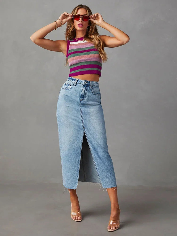 Women's High Waist A-Line Denim Midi Skirt
