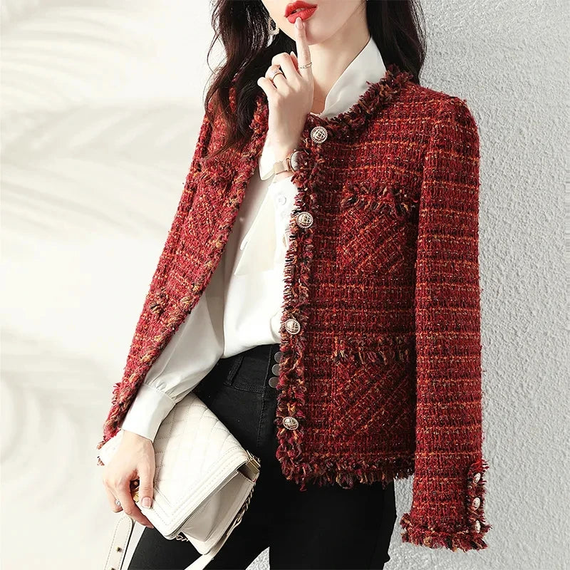 Women's Plaid Tweed Jacket - Short Thick Coat