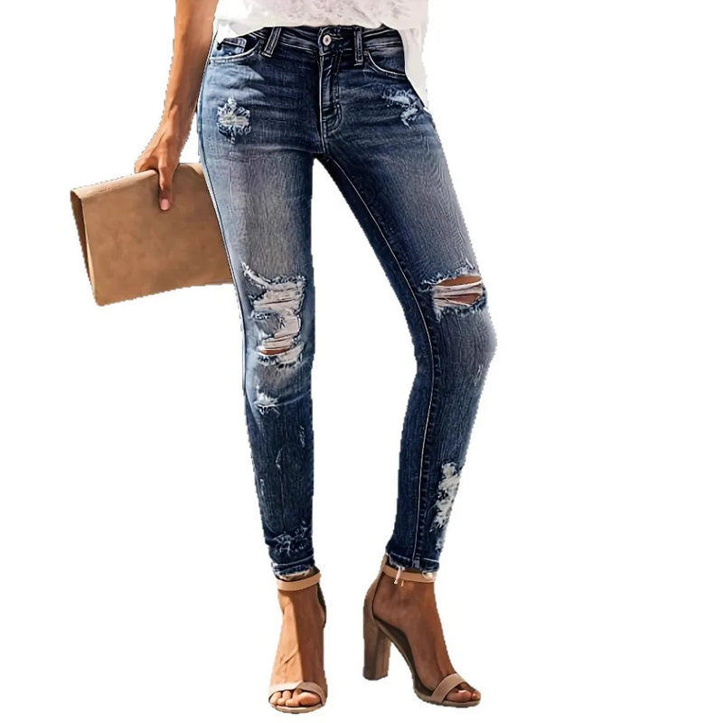 Women's Distressed Straight Leg Jeans - High Stretch Denim