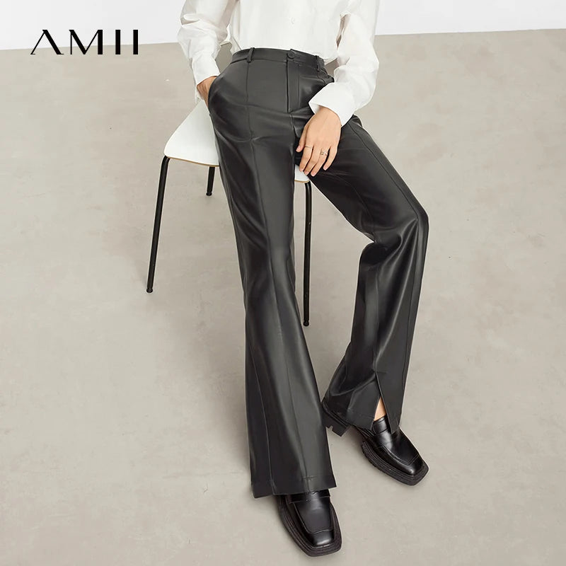 AMII Women's PU Leather Straight Leg Pants - Floor Length